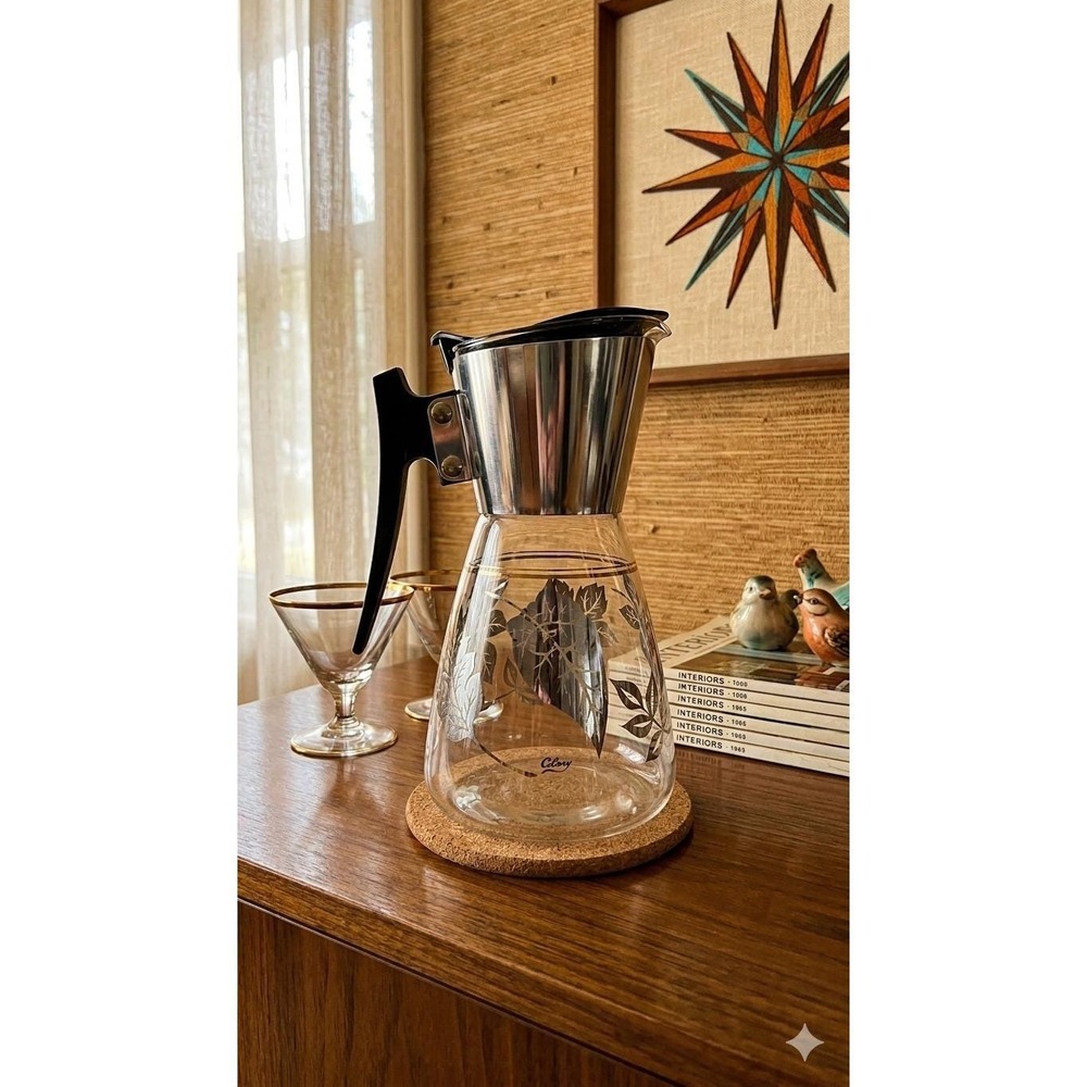 Vintage Colony Silver Leaf Glass Coffee Carafe Heatproof MCM Server USA Chrome